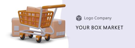 Orange realistic 3d shopping cart with boxes. Online web page for box market vector
