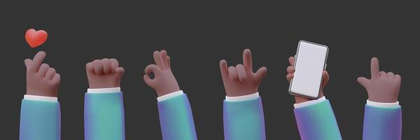 Sign language, vector realistic image set on dark background. Man hands show emotions with gestures