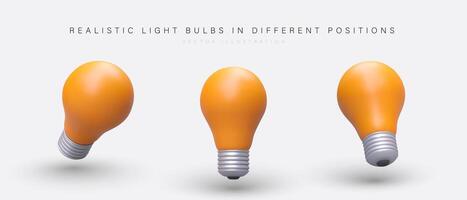 3D yellow classic light bulb. Set of light bulbs in different positions, with shadows vector