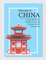 Welcome to China. Color poster on blue background with 3D red pagoda vector