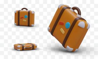 3d realistic suitcase with colored stickers in different positions. Travel luggage concept vector