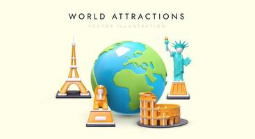 Poster with 3D sights of world. Landmarks of different continents vector