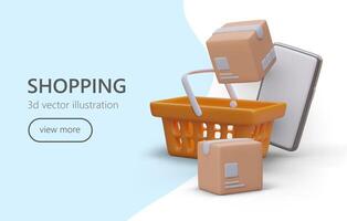 Creative web page with realistic orange cart, boxes and smartphone. Online shopping landing page vector