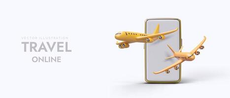 Travel online. 3D planes take off from smartphone screen. Application for booking air tickets vector