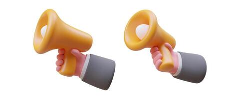 Man hand holds yellow horn speaker. Set of volumetric icons vector