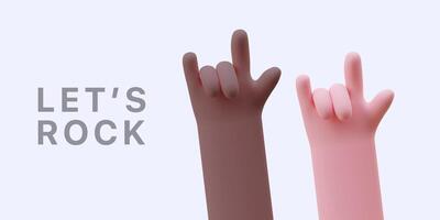 Let rock. Goat gesture with fingers. Light and dark skinned 3D hands celebrate together vector