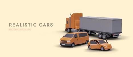 3D vehicles, view from different sides. Invitation to travel. Order and cargo delivery service vector