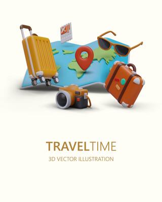 Time to travel. Pack your bags and go on vacation. . Vertical color poster