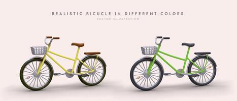 Modern bicycles in different colors. 3D bikes for country trips and city walks vector
