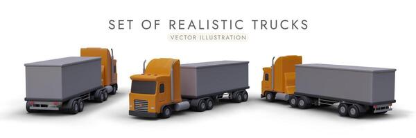 Set of realistic trucks in different positions for transport branding. Delivery transport concept vector