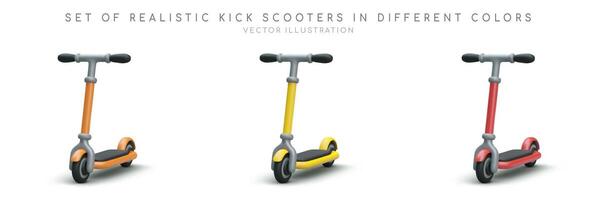 Set of realistic 3d kick scooter in different colors. Rent and vehicle sale concept vector