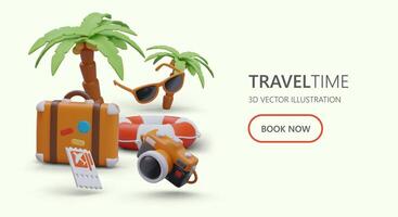 Hello summer. Poster with 3D symbols of summer vacation on sea coast vector