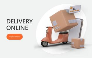web página con realista 3d dibujos animados scooter, teléfono inteligente y caja de cartón cajas vector