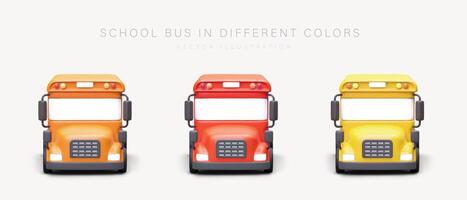 Set of 3d realistic school bus in different colors. Web poster with automobiles for auto shop vector