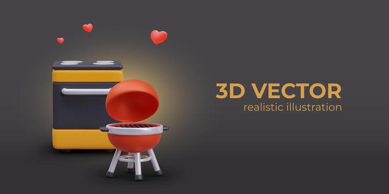 Stove, outdoor barbecue grill. Realistic composition on black background