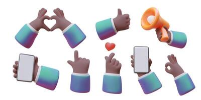 Set of realistic icons, sign language. Dark skinned hands show emotions, call for action vector