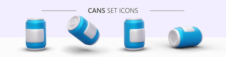 3D set of tin cans for drinks. Realistic cans icons without labels vector