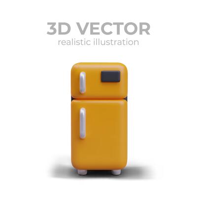 Yellow refrigerator in cartoon style. Kitchen appliances. Device for cooling, freezing