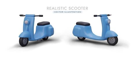 Pair of realistic blue scooters. Maneuverable, convenient vehicle for personal use, delivery vector