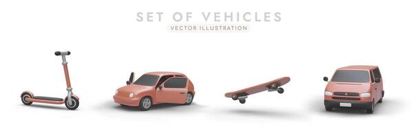 Set of colorful 3D vehicles with shadows. Scooter, car, skate, mini van, made in same style vector