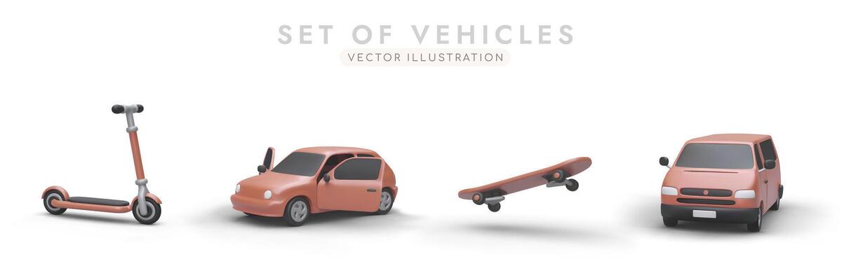 Set of colorful 3D vehicles with shadows. Scooter, car, skate, mini van, made in same style