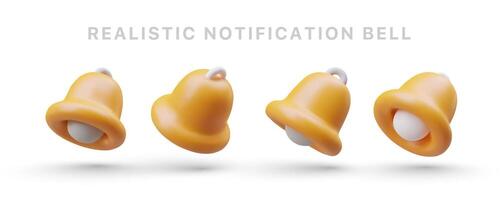 Set of illustrations about notifications. Realistic yellow 3d bells. Snapshot of bell movement vector