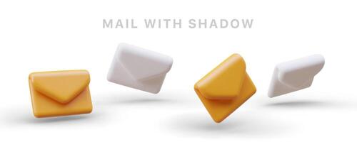 3D yellow and white envelopes with shadows. Set of realistic modern mail icons vector