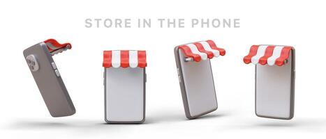 3D icons for online shopping. Set of smartphones with red and white canopy vector