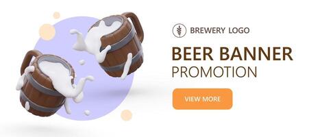 Fresh draft beer rises with foam. Bright 3D elements on advertising banner vector