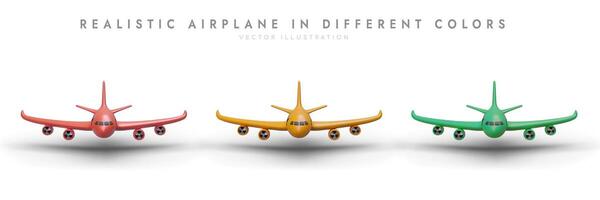 Set of 3D airplanes of different colors, front view. Realistic image with shadow vector