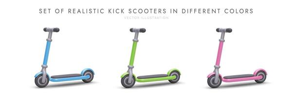 conjunto de 3d de colores scooters realista imagen de personal transporte para adultos y niños vector