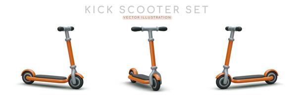 Set of 3D kick scooters. Front and side view. Modern ecological vehicles for moving around city vector