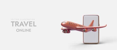 Advertising with 3D plane and smartphone. Application for booking plane tickets vector