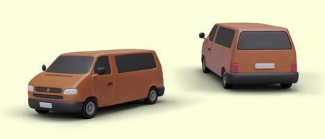 3D passenger van in different positions. Mini bus for passenger transportation vector