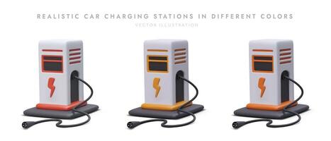 Realistic car charging stations in different colors. Isolated 3D drawings with shadows vector