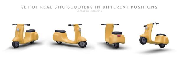 conjunto de realista scooters en diferente posiciones. 3d ciclomotores, frente, lado, posterior ver vector