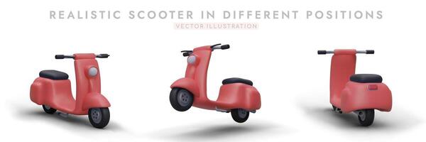 Realistic red scooter in different positions. 3D moped, front, side, rear view vector