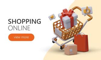 Web page with realistic plastic cart and boxes. Colorful landing page for souvenir shop vector