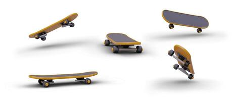 Big set of 3D skateboards in one style, view from different sides vector