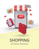 Vertical web page with mobile phone with button buy, gift box, shopping bag and credit card vector