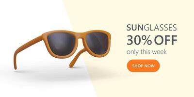 Advertising template with 3D sunglasses. Store announces discounts on summer accessories vector