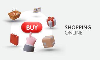 3d hand choosing products and ordering, clicking button buy. Paying with credit card vector