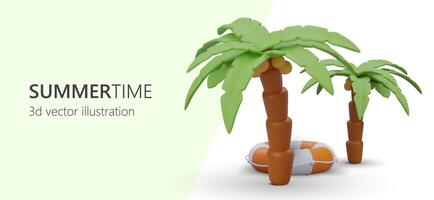 Cartoon 3d palm trees, beach and lifebuoy. Vacation, summer holidays, trip to beach concept vector
