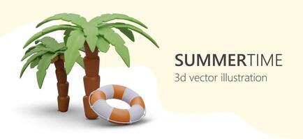 Bright color banner about summer vacation. Horizontal template with 3D palm trees and lifebuoy vector