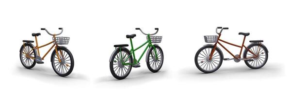 Set of realistic bikes in different colors. 3D bicycles with baskets vector