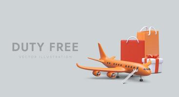 Realistic 3d gift box and plane ready for passengers. Advertising web page for airlines vector