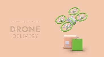 Cartoon drone, shopping bag and parcel. Concept of fast goods air delivery using controlled aircraft vector