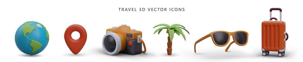 viaje 3d íconos conjunto con oscuridad. colección de señales en tema de viaje vector