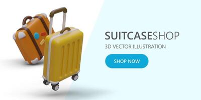 Web poster with 3d realistic suitcase with colored stickers and trolley bag vector