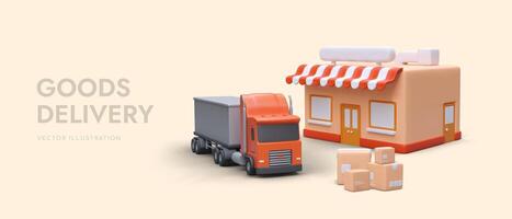 Realistic 3d track near supermarket and cartoon boxes. Simple and fast online delivery of goods vector